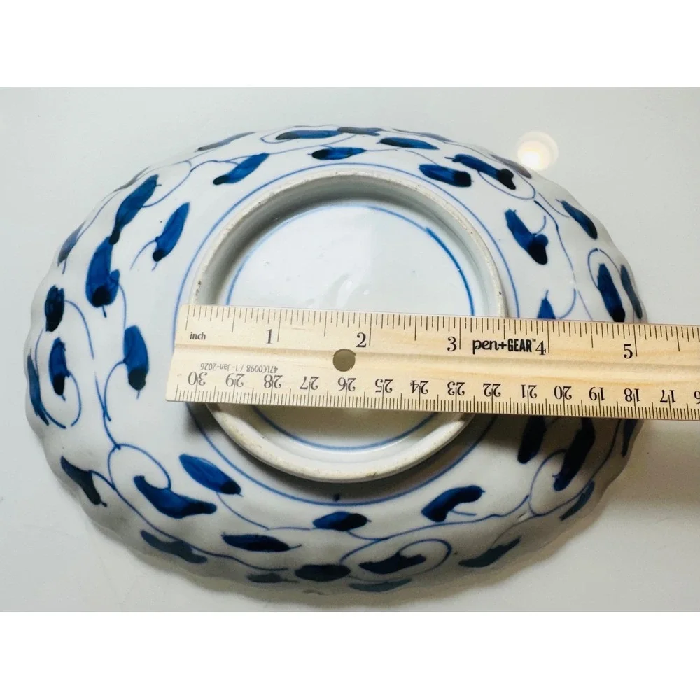 Vintage Japanese Imari Porcelain Oval Scalloped Bowl Floral Blue Red Gold 7.75